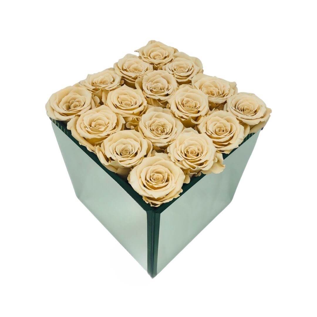 MIRROR SQUARE VASE WITH PRESERVED ROSES